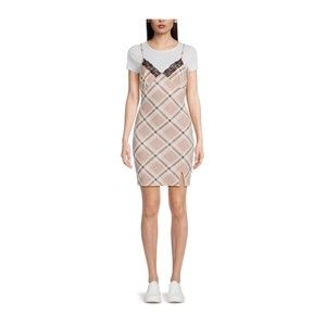 No Boundaries Juniors Twofer lace trim Dress size L (11-13) Tan Plaid NEW